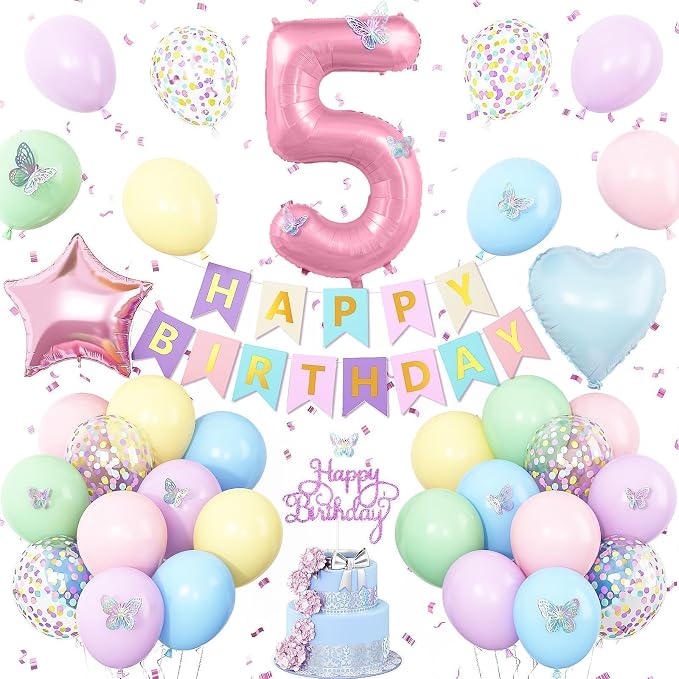 5th Pastel Birthday Party Decorations for Girls Number 5 Balloon Happy Birthday Banner Butterfly Stickers Star Heart Foil Balloons for 5 Year Old Easter Party Decor