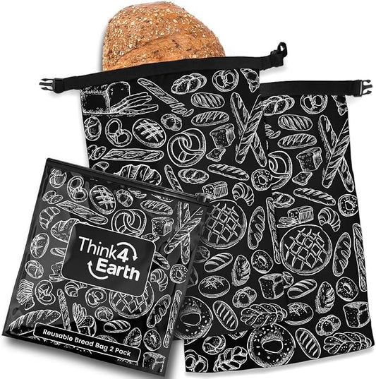 THINK4EARTH® Premium Black Reusable Bread Bags for Homemade Bread – Durable & Washable (2 Pack)