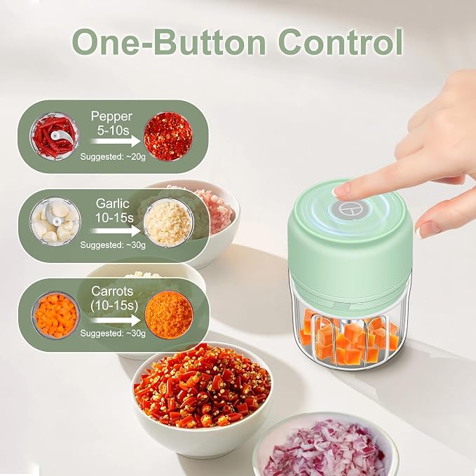 250ml (1 Cup) Electric Garlic Chopper, Portable Garlic Press, Wireless Mini Food Processor, Rechargeable Garlic Chopper Mincer for Ginger, Chili, Onion, Minced Meat and Spices (Green)