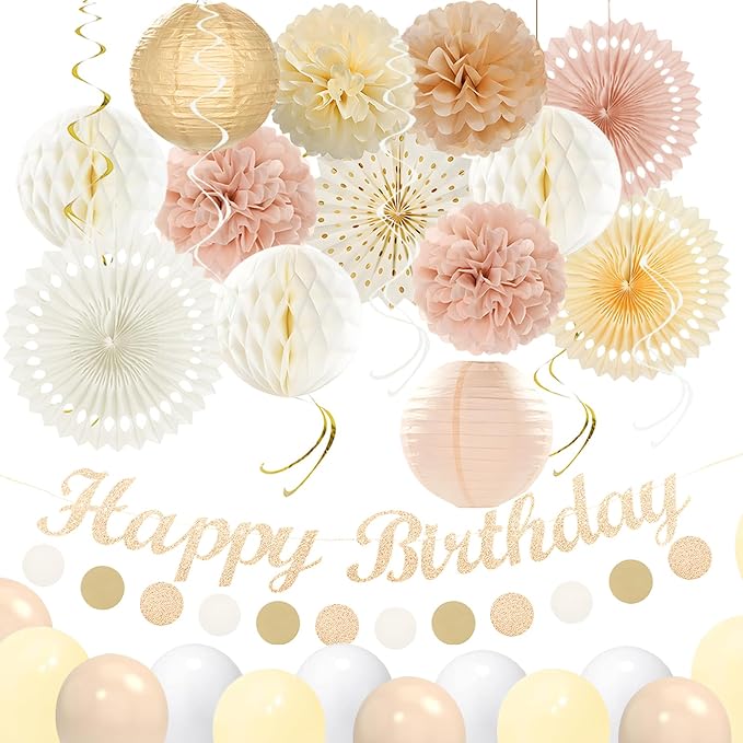 Champagne-Gold Pink Birthday Decorations for Women Girls,Pre-Strung Happy Birthday Banner,Boho Peach Paper Lanterns Tissue Pom Poms Fan,Cream White Balloons,Girl Woman Party Backdrop Supplies