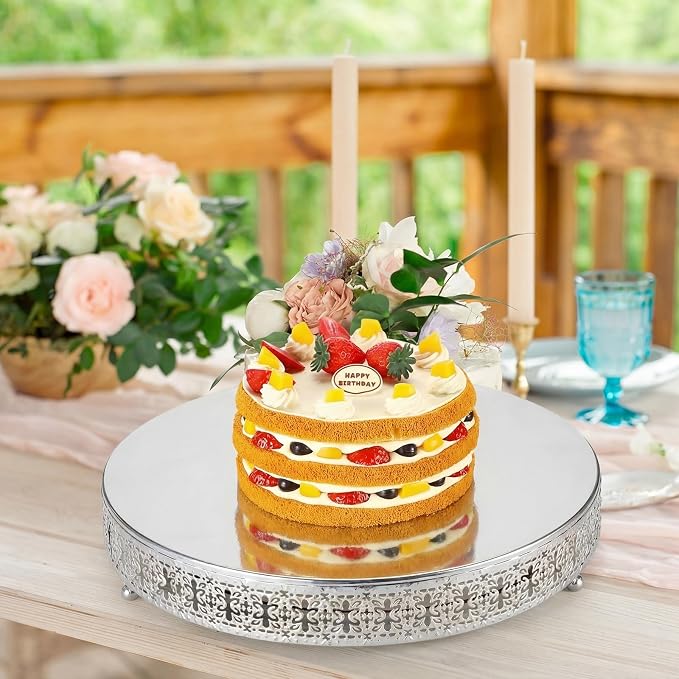 Wenqik 3 Pcs 16'' 14'' 12'' Metal Silver Cake Stand Round Cake Stands for Dessert Table Cookies Fruit Serving Tray Cupcake Dessert Pastry Riser for Wedding Birthday Party and Events (Retro Style)