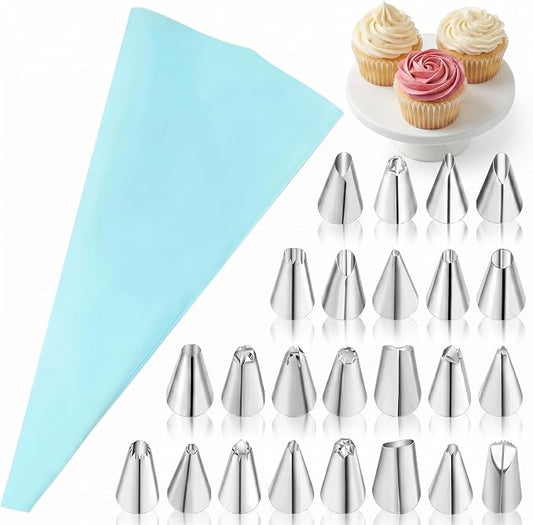 26PCS Cake Decorating Kit, Stainless Steel Piping Tips Set with Reusable Pastry Bag & Coupler, Icing Tips for Cupcake, Baking, DIY Dessert Decorating Tools (Bag Included)