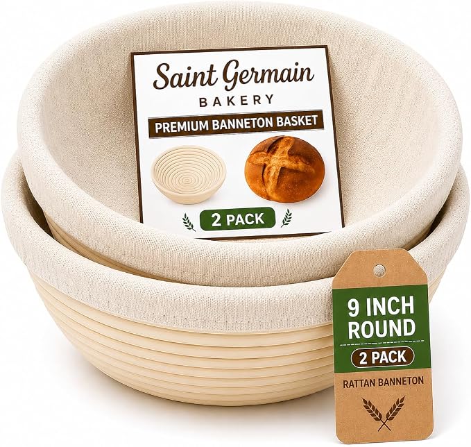 Saint Germain Bakery Premium Round Bread Banneton Basket with Liner (Set of 2 9" Round Baskets)