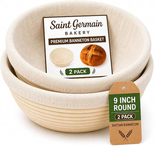 Saint Germain Bakery Premium Round Bread Banneton Basket with Liner (Set of 2 9" Round Baskets)