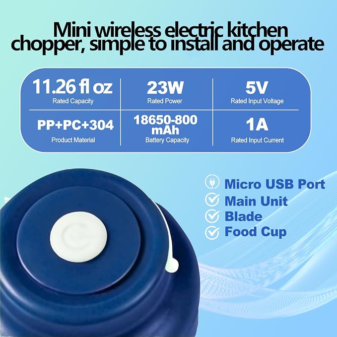 Wireless Electric Garlic Chopper, 10.8oz Mini Chopper Cup with 6 Blades | USB charging keeps meal prep easy, ideal for mincing chopped garlic, onion pieces, chili and herbs in small kitchens.