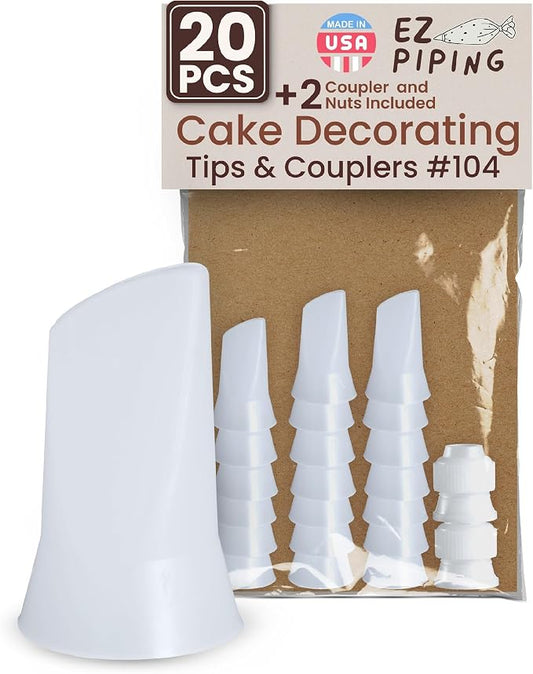 Reusable Plastic Piping Tips - Standard Size Petal Tip #104 20 Pack with 2 Couplers Icing Nozzles for Cake Decoration Dessert Design Baking Supplies and Piping Bags Base Ø 0.75", Height 1.25"