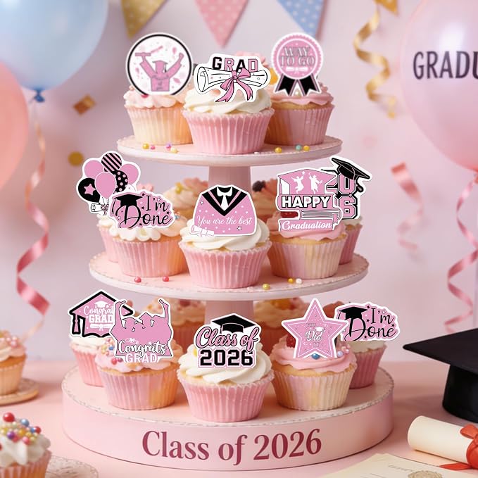 48pcs Edible 2026 Graduation Cupcake Toppers Wafer Paper Pink Class of 2026 Cake Decorations Edible Congrats Grad Cupcake Picks for 2026 Graduation Theme Party Cake Supplies
