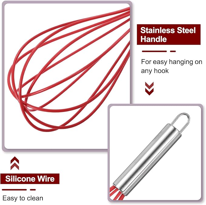 HARFINGTON 5Pcs Silicone Whisk 8" Kitchen Whisk Wire Whisks Beater with Stainless Steel Handle for Egg Milk Whisking Blending Beating & Stirring, Red