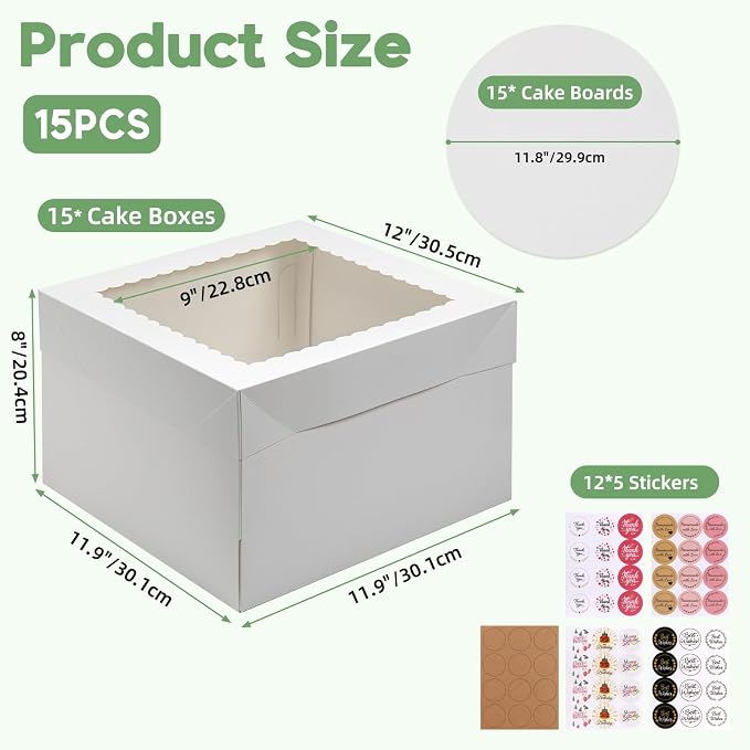 ZBEIVAN 15 Pack Cake Boxes 12x12x8 Inches White Bakery Boxes with Window, Large Square Cardboard Cake Carriers for Cakes