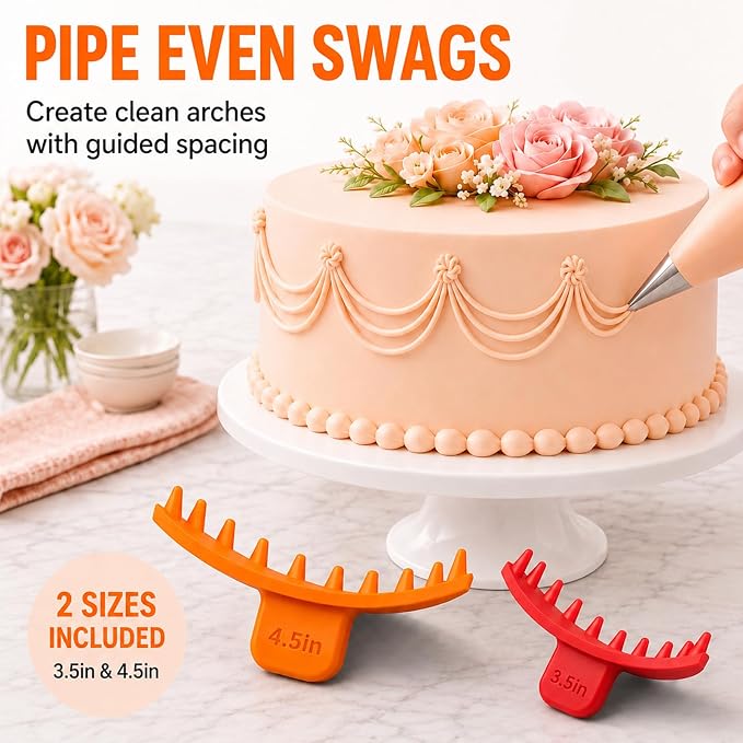 Hushee 2 Pcs Cake Arch Guide Tool Cake Decoration Tools Swag Marker Tool Piping Guide Convenient for Controlling Size and Position for Piping Beginners and Baker (Orange and Red)