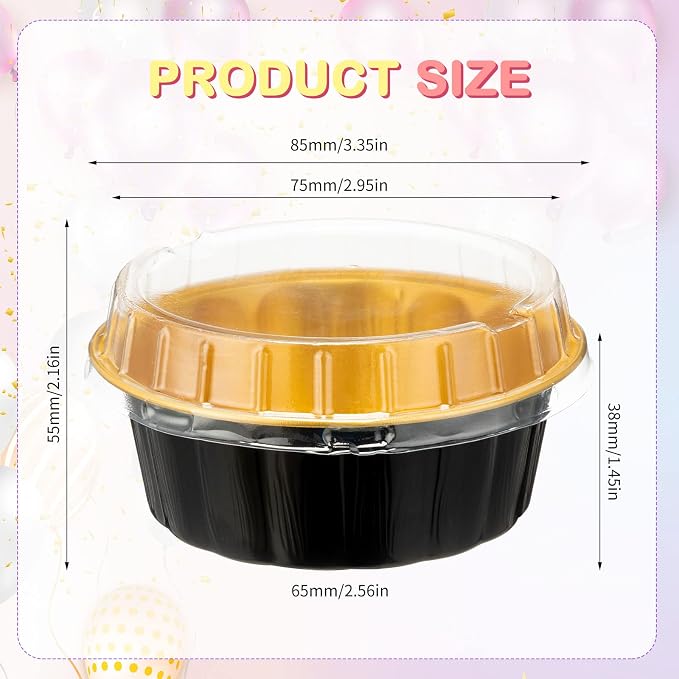 Tessco for you 200 Pcs Disposable Ramekins with Lids 8 oz Creme Brulee Ramekin Aluminum Foil Cup Cupcake Liner Baking Valentines Disposable Muffin Tin Pan Cheesecake Container (Black,Gold,Silver)