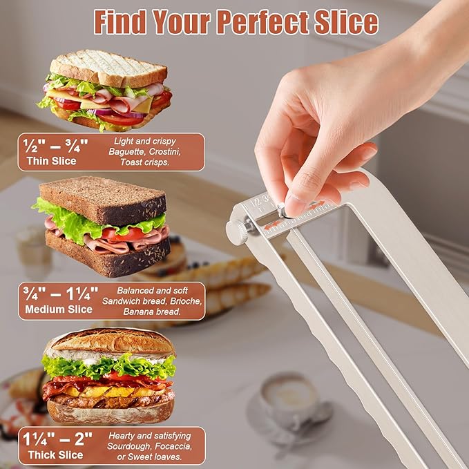 Left-Handed Adjustable Bread Knife for Homemade Bread with Precision Thickness Guide - Sourdough Bread Slicer for Homemade Bread & Sourdough Loaves, Sharp Serrated Steel Blade for Baguettes