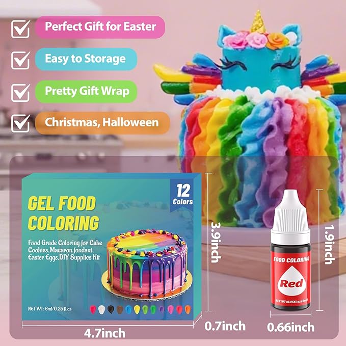 12 Color Gel Food Coloring Liquid Set, KATSPRO Food Grade Tasteless Vibrant Food Coloring Dye for Baking Icing Cake Decorating Cookie Fondant, Frosting, Cookies, Christmas Baking, Easter Egg and DIY Supplies Kit - 0.25 Fl.oz(6ml)/Bottles