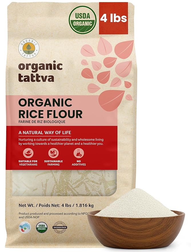 Organic Tattva White Rice Flour (4 lbs) - Indian Organic Rice Flour - Natural Plant Based - Vegan - Kosher - No Additives - Gluten Free - USDA Certified