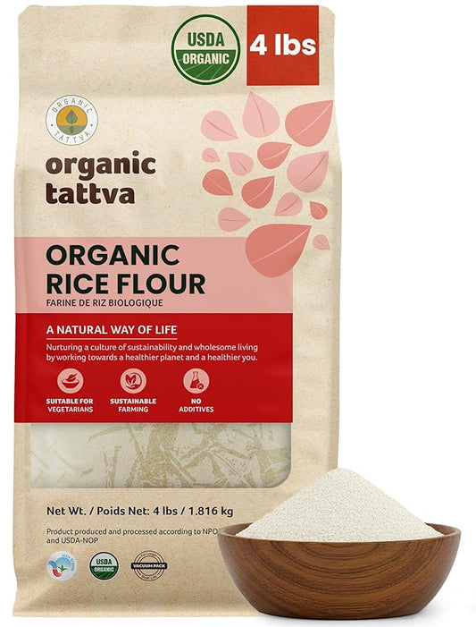 Organic Tattva White Rice Flour (4 lbs) - Indian Organic Rice Flour - Natural Plant Based - Vegan - Kosher - No Additives - Gluten Free - USDA Certified