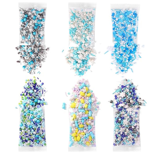 Sprinkles For Cake Decorating, Cupcake, Cookies, Ice Cream Topper, 6 Packs Blue Sprinkles, Winter Snowflakes Sprinkles, Six of assorted Sprinkles for Baking, Perfect for Party, New Year’S Eve, Wedding