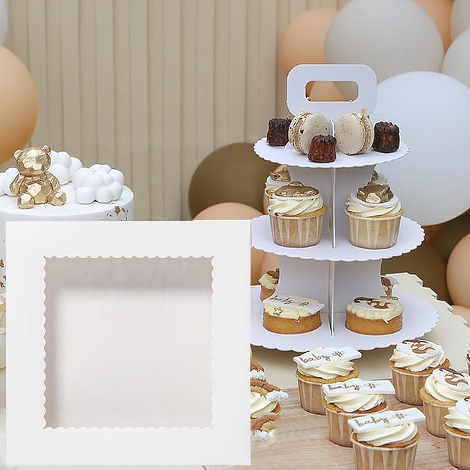 Mefleet 20Pcs 14x14x2.5 Bakery Boxes with Window Pie Boxes for Pastry Baking Cake, Cupcakes, Donuts, Cookies, Muffins Treat Packaging White Large Square