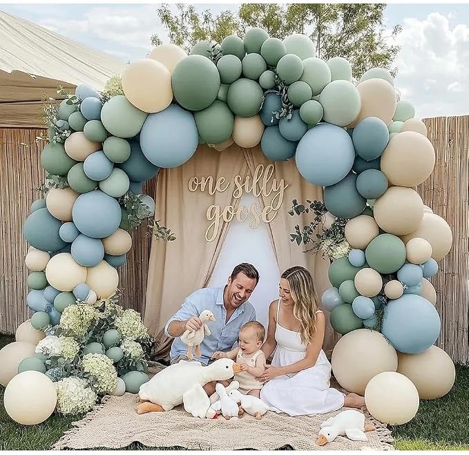 Dusty Blue Green Balloon Arch Kit Double Stuffed Pastel Light Sage Green Blue White Sand Beige Balloon Garland for Birthday Baby Shower One Silly Goose Dinosaur Wedding Ocean Party Decoration