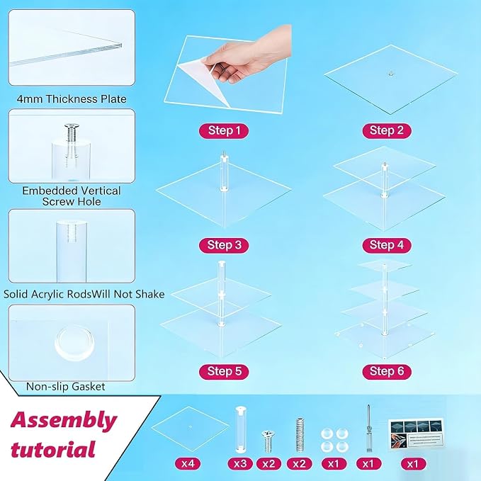 4 Tier Cupcake Stand for 50 Cupcakes, Clear Acrylic Cupcake Tower, Cupcake Holder for Parties, Weddings, Birthdays, Clear Dessert Display Ease of Assembly High Stability (Square)