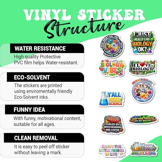 10pcs Biology Sticker Sheet, Educational Vinyl Decals for Biology Students, Teachers, and Nature Lovers, Waterproof, UV-Resistant, for Laptop, Water Bottle, Journal, Notebook, Phone Case, Folder