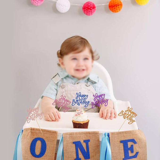 24 PCS Happy Birthday Cupcake Toppers - Multi 6 Colors Glitter Picks for Celebrating Anniversary Theme Party Cake Decorations Supplies