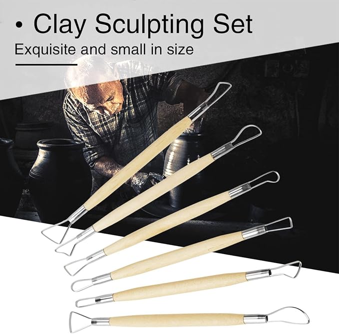 6Pcs Clay Sculpture Tools, Wooden Handle Double Ended Modeling Tools Ceramic Clay Tools Ribbon Sculpting Tool Kit for Clay, Fondant, Cake, Ceramic, Dough, Plaster, Wax