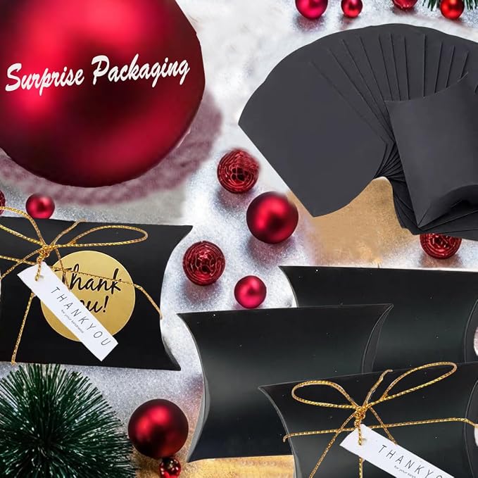 icyhey 50 Pcs Kraft Paper Pillow Gift Boxes,3.5x2.6 Inch Mini Folding Treat Boxes, Creative Favor Box Folding Treat Boxes for Bakery, Candy, Jewelry, Wedding & Party Favors(Black-1)