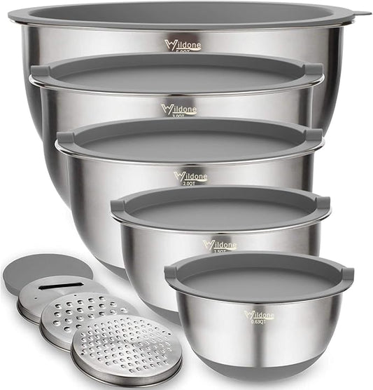 Wildone Mixing Bowls with Airtight Lids Set, 5PCS Stainless Steel Nesting Bowls Set for Kitchen, with Grater Attachments & Non-Slip Bottoms, Size 5, 3, 2, 1.5, 0.63 QT, Great for Baking & Serving