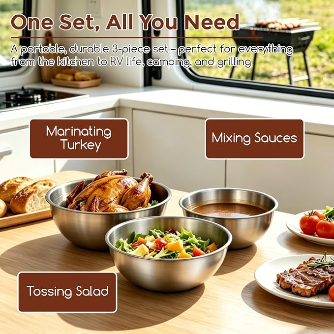 Gronivex 304 Stainless Steel Mixing Bowls, 3-Piece (1.5, 2.2 & 3.4 Qt) | Thicker-Gauge, Food-Grade Metal, Stackable Nesting & Space-Saving – For Kitchen Baking, Salads, Meal Prep, RV & Camping