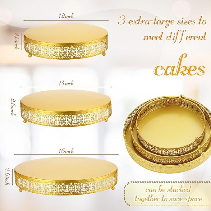 Wenqik 3 Pack Round Metal Cake Stands 12" 14" 16" Dessert Display Cupcake Stands Elegant Display Plate for Wedding Birthday Party Event Anniversary and Table Decoration, Gold