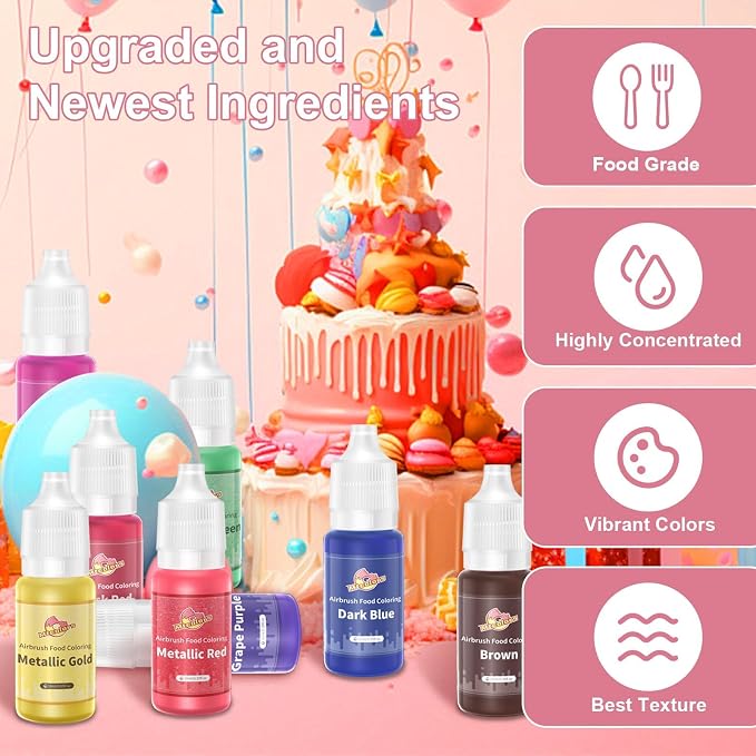 Mtcolors 24 Airbrush Food Coloring Liquids, 100% Food Grade Food Coloring for Cake Decorating, Edible Metallic Airbrush Food Colors, 10ml/bottle