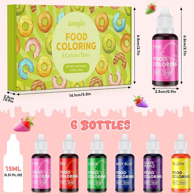 Food Coloring Liquid - 6 Vibrant Color Food Grade, Tasteless Food Coloring Gel for Cake Decorating, Baking, Easter Egg, Icing, Fondant, Slime Making DIY Supplies Kit - 0.52 Fl. oz (15 ml)/Bottles