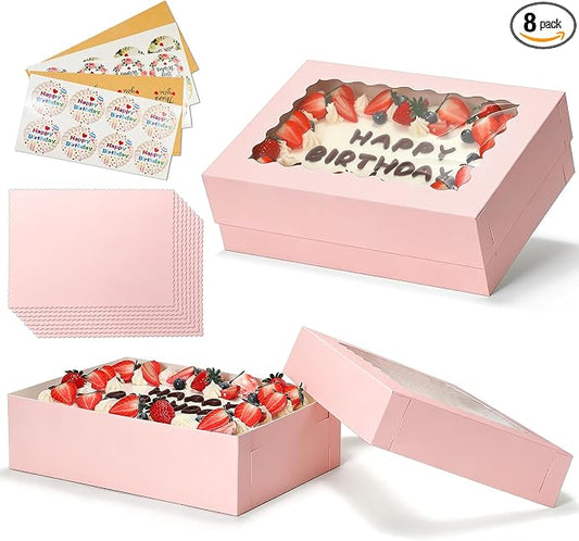 COTOPHER 14x10x4 In Sheet Cake Boxes, 16 Pcs Pink Bakery Boxes with Large Window (8 Boxes & 8 Boards), Cake Containers for Quarter Cakes, Donuts, Cupcakes, Brownie, Pastry & Pies Packaging