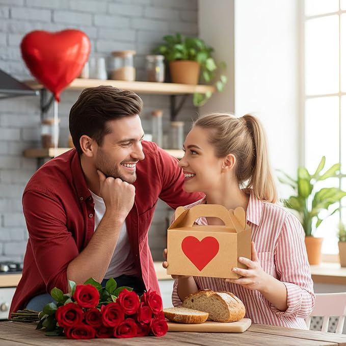 Colarr Mother's Gift Treat Boxes Hearts Prints Galentine Cookie Boxes with Handles 5.9 x 3.5 x 3.5 Inches Goodie Candy Container Kraft Paper Party Favor Holder(48 Pcs)