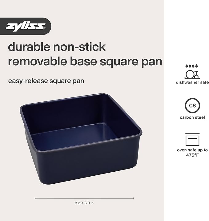 Zyliss E980201 Non-Stick Loose Base Square Cake Tin | 20cm/8in | Carbon Steel | Dark Blue | Baking Tin/Bakeware | Dishwasher Safe | 5 Year Guarantee