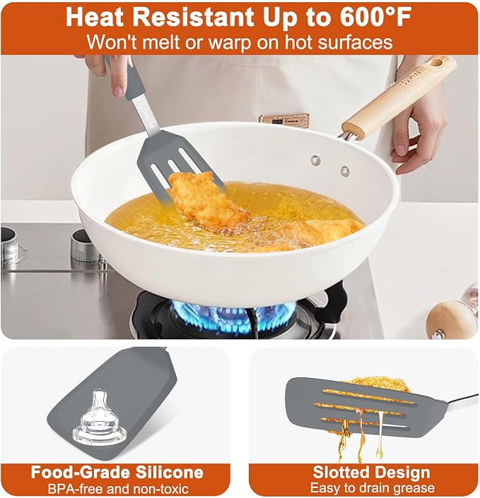 2 Pack Silicone Kitchen Spatula Set, 600°F Heat Resistant (Gray) | BPA Free, Solid & Slotted Turner, Non-Toxic Cooking Utensils, Safe for Non Stick Frying Pan, Dishwasher Safe