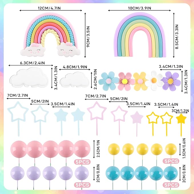 MEMOVAN Rainbow Cake Topper Groovy Cake Decorations with Macaroon Balls Cake Toppers Daisy Flower Cake Decorations Rainbow Theme Cake Cupcake Decors with Cloud Stars for Bohemian Hippie Wedding Party
