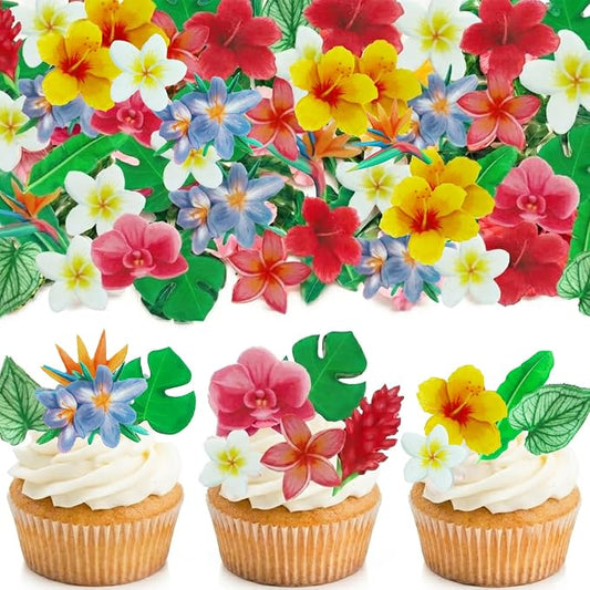 70pcs Edible Flowers Cake Decorations Tropical Hibiscus Flower & Leaf Wafer Paper Cake & Cupcake Toppers for Hawaiian Theme Birthday Party Decorating