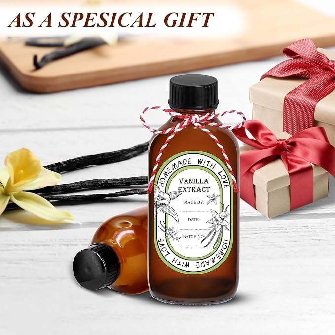 12 Pack 2 oz Vanilla Extract Bottles with Black Poly Cone Caps and 12 Pcs Vanilla Extract Stickers, 60ml Boston Round Sample Bottles for Homemade Vanilla Extract, Essential Oils, Herbal Medicine (2oz)