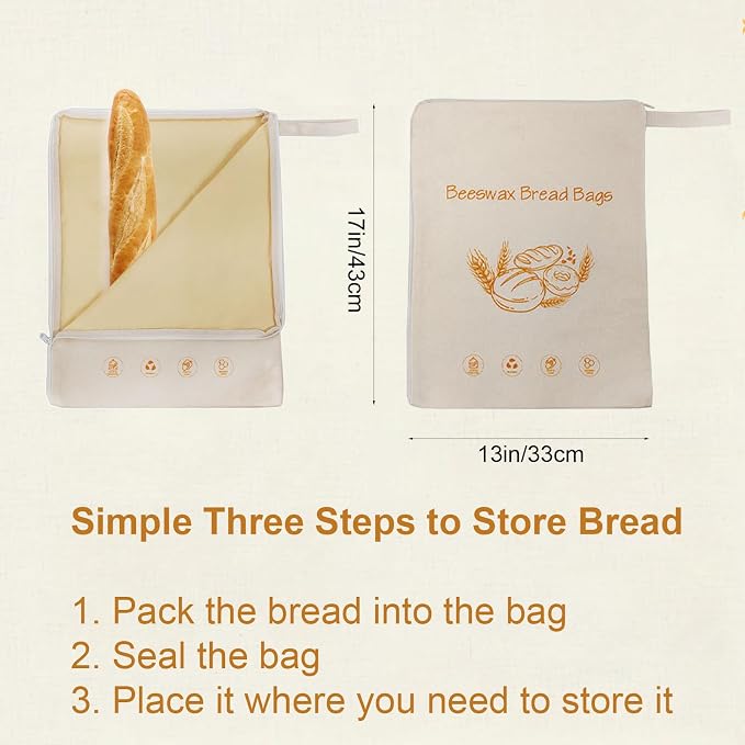 Lorine Beeswax Lining Bread Bags, Reusable Bread Bags for Homemade & Sourdough Bread, Large capacity 13 * 17'', Moisture Lock with Zip for Bread Freshness with Sealing (1 PC)