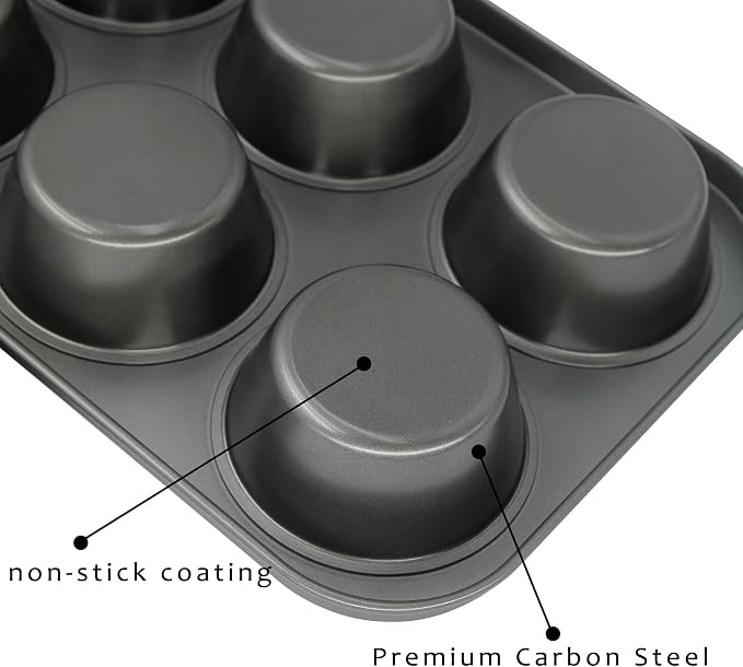 Non-Stick Black Jumbo Muffin Pans, 6-Cup Set of 2 | Carbon Steel, Spatula Included for Extra-Large Muffins & Cupcakes