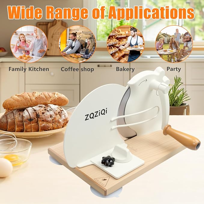 Manual Bread Slicer for Homemade Sourdough Bread with Strong Suction Base | 0-0.75" Adjustable Thickness, 402 Stainless Steel Blade, Beech Wood Base, Homemade Bread Toast Bagel Cutter