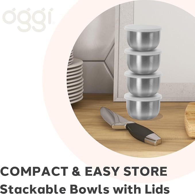 OGGI Set of 4 Stainless Pinch Bowls - 4 fl oz with Lids, Ideal Salt & Pepper Bowls, Mini Storage Bowls, White Lid