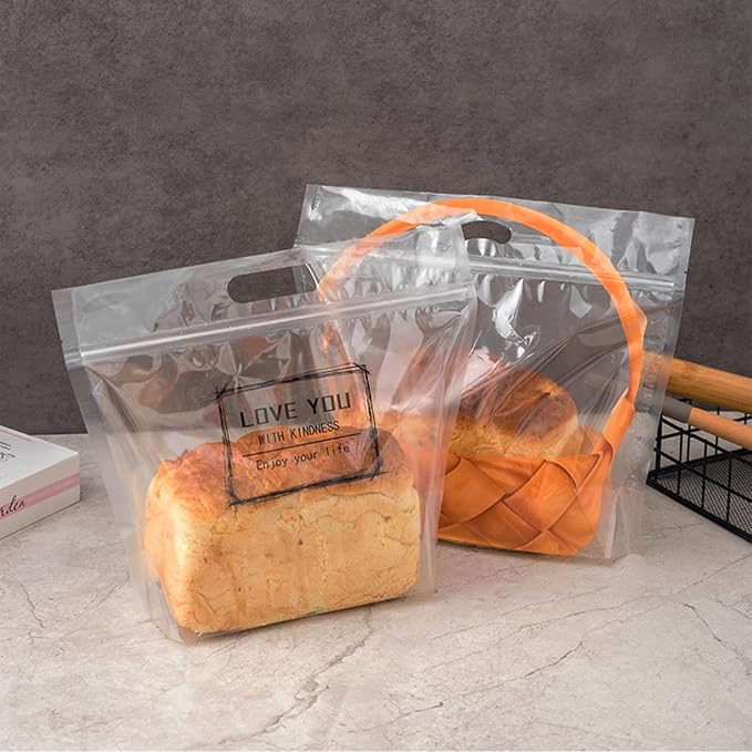 50 pcs 9 Inch Large Clear Bread Plastic Bags with Handle, Sealing Zipper Loaf Packaging with Basket Pattern for Homemade Bread Cookie, Bakery Cafe