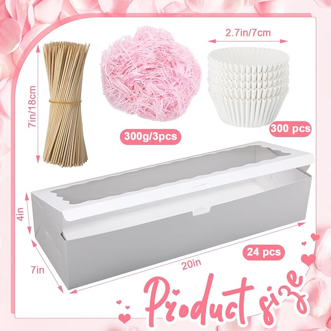 20 Pack Mother's Day Rose and Wine Box for Gifts 20" X 7" X 4" Cookie Bakery Boxes With Window Rectangle Extra Large Treat Boxes for Strawberries Chocolate Cake