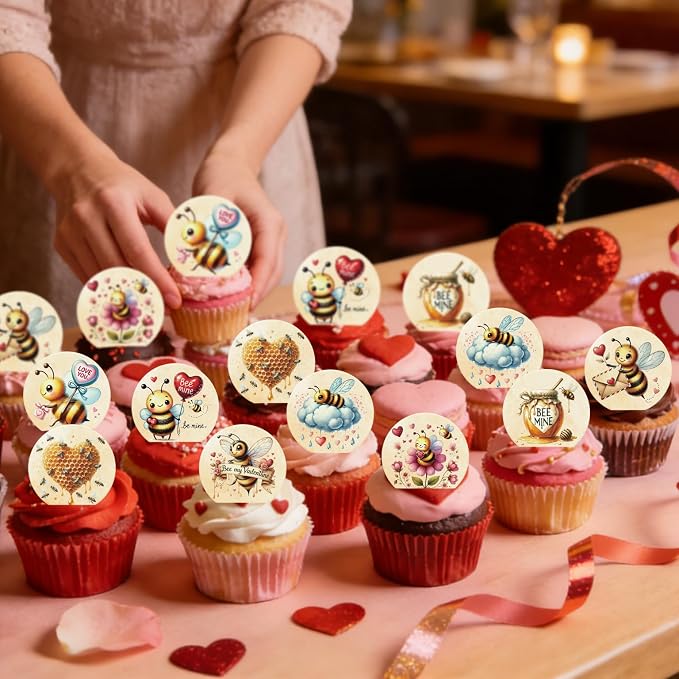 36PCS Edible Bee My Valentine Cupcake Toppers Wafer Paper Honey Bee Love You Cupcake Picks Bee Mine Cake Decor for Valentine's Day Theme Engagement Party Decor Supplies