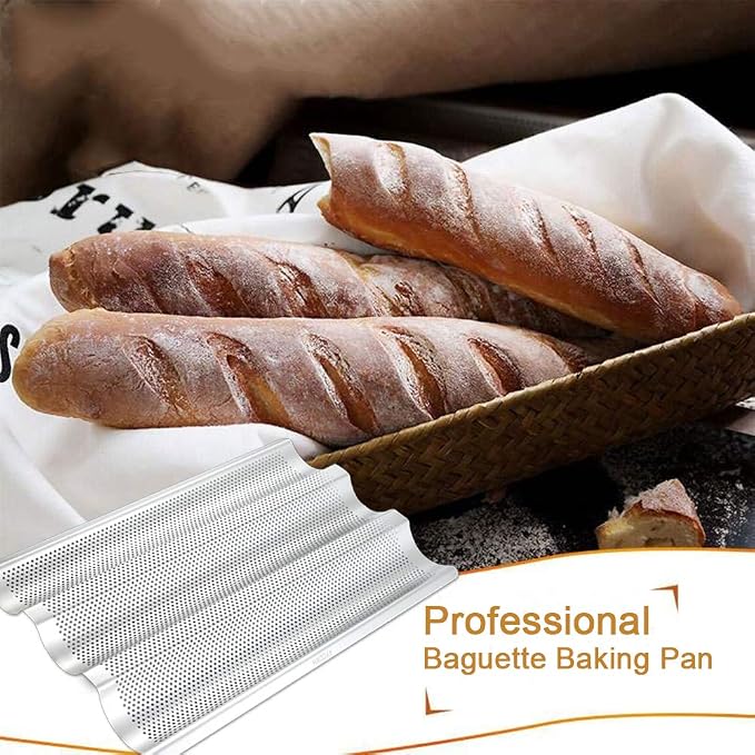 AYCCNH 2 Pack Stainless Steel French Baguette Bread Pan, Perforated Loaf Pans for Baking 15"x10", 3 Waves Toaster Oven Baking Tray