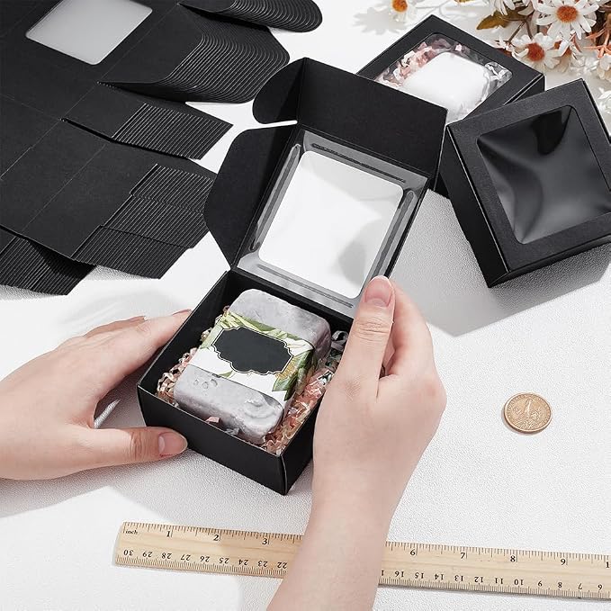 BENECREAT 30pcs Square Black Paper Boxes, Gift Boxes with Clear PVC Window for Wedding Gift, Chocolates, Cookies and Other Small Crafts, 3.6x3.6x1.6 Inch
