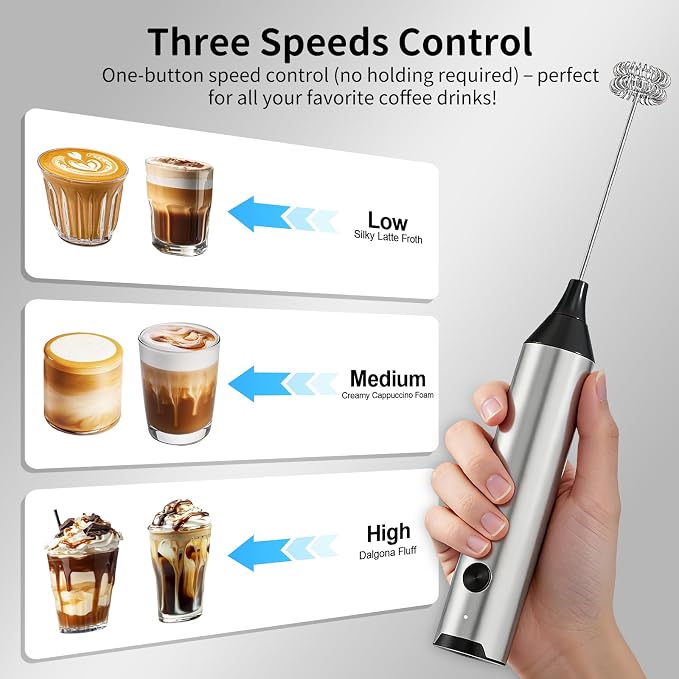 Rechargeable Hand Frother with Stand, Handheld Milk Frother for Coffee, Drink Mixer Frother Wand Electric Whisk Stirrer for Matcha, Latte, Hot Chocolate, Cappuccino (Stainless Steel)