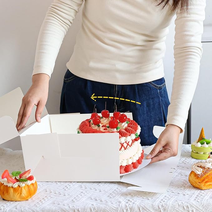 Moretoes 15 Sets Cake Boxes, 10x10x5 Inches Bakery Boxes with Cake Boards, 10 Inch with Stickers Disposable Cake Containers with Lids for Valentine's Day Mother's Day Cheesecake, Cakes
